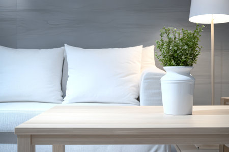 A tranquil living room showcases a soft, white couch adorned with plush pillows. A simple wooden table holds a white vase with a fresh, green plant, creating a calm atmosphere.の素材