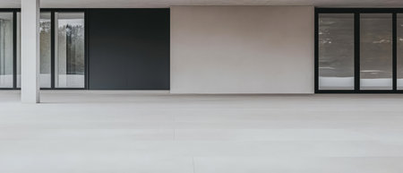 A spacious area showcasing sleek modern architecture with large glass windows, minimal decor, and a clean, neutral color palette. The design emphasizes open space and simplicity.の素材