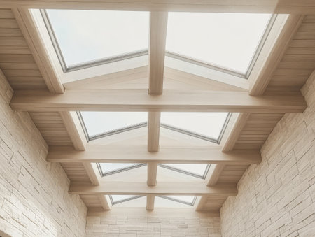 A spacious modern interior showcases a beautifully crafted wooden ceiling adorned with skylights. Soft natural light filters through, enhancing the inviting atmosphere of the room.の素材