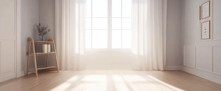 Sunlight pours into a spacious room with large windows, illuminating wooden flooring and simple decor. Soft curtains gently frame the view, creating a warm and inviting atmosphere.の素材
