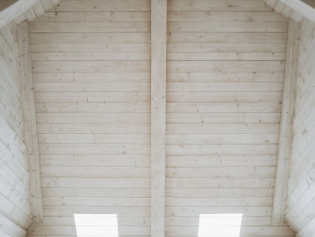 Bright natural light filters through a wooden ceiling, enhancing the cozy atmosphere of the rustic interior. The beams and planks create a warm, inviting space filled with simplicity and elegance.の素材
