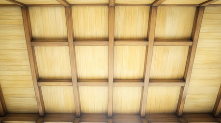 The wooden ceiling features a grid of beams and planks, showcasing a warm and inviting atmosphere. Natural tones radiate calmness, perfect for relaxation and comfort.の素材