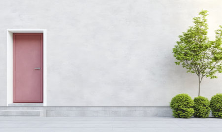 A pink door is set into a smooth light-colored wall, accompanied by neatly trimmed green shrubs. The outdoor area features clean lines and a tranquil atmosphere, ideal for peaceful moments.の素材