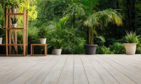 A spacious and well-lit outdoor area features a wooden deck adorned with various potted plants. Lush greenery surrounds the space, creating a tranquil atmosphere for relaxation.の素材