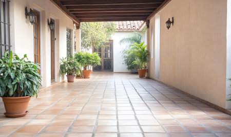 A serene corridor featuring potted plants lines the tiled walkway. Sunlight filters softly through the space, creating a welcoming ambiance that invites exploration.の素材