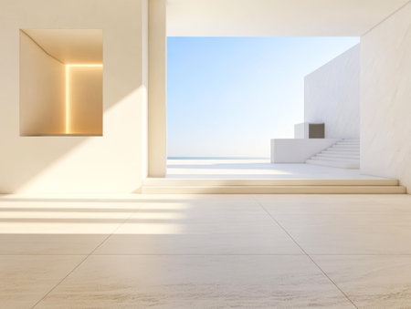 A clean, minimalistic interior with large windows allowing ample natural light. The serene setting highlights smooth surfaces and an elegant staircase, blending indoor and outdoor spaces.の素材