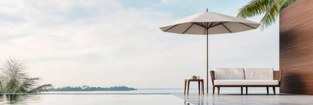 Luxurious lounge area featuring a white sofa and a wooden side table under a large umbrella, overlooking a tranquil ocean setting. Lush palm trees enhance the tropical ambiance.の素材