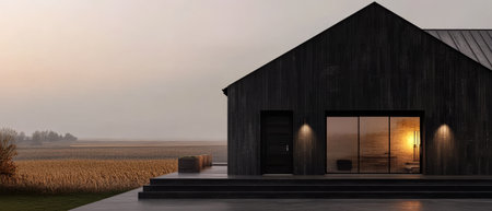 A striking black barn-style house stands at dusk, its warm interior light spilling out through large windows. Surrounding fields reflect the peaceful ambiance of rural life.の素材