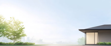 A sleek modern house stands peacefully in the early morning light, bathed in soft hues. Lush grass and a gentle tree enrich the serene landscape, creating a harmonious setting.の素材