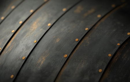 Close-up view reveals the intricate details of a curved black metal surface, adorned with golden rivets highlighting craftsmanship and age. The texture and finish tell a story of skilled work.の素材