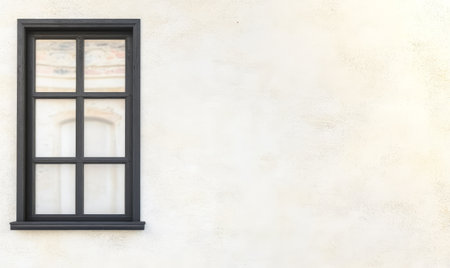 A black framed window featuring six panes is centered against a light stucco wall. The clean lines and minimal design showcase modern aesthetics in an urban setting.の素材