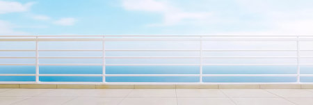 A scenic balcony overlooks a vast expanse of blue ocean under a bright sky. The clean white railing contrasts beautifully with the serene seascape, creating a calming atmosphere.の素材