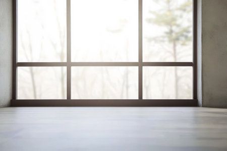 A large window allows soft light to flood a minimalistic interior. The view shows a blurred landscape outside, creating a serene atmosphere and connecting indoor and outdoor spaces.の素材