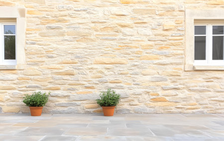 A charming outdoor area features a warm-toned stone wall flanked by two green potted plants. The setting evokes a serene and inviting atmosphere, perfect for relaxing moments.の素材