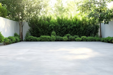 A serene outdoor area showcases a smooth paved surface framed by neatly trimmed bushes and lush greenery. The bright daylight enhances the tranquil atmosphere of the setting.の素材