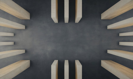 A group of tall wooden columns stands in a symmetrical arrangement on a dark concrete surface. The space emphasizes minimalism and contemporary architecture, creating a calm atmosphere.の素材