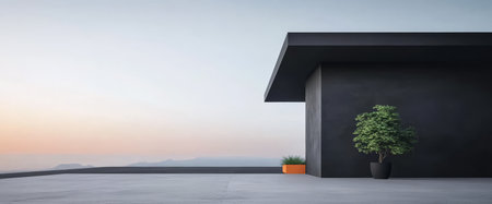 A sleek, contemporary structure stands on an expansive terrace, complemented by a solitary tree and planters. Soft hues of sunset create a tranquil atmosphere, perfect for relaxation.の素材