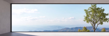 Large glass panels frame expansive mountain vistas, showcasing a single leafy tree beside a minimalist interior. Soft daylight floods the space, creating a peaceful ambiance.の素材