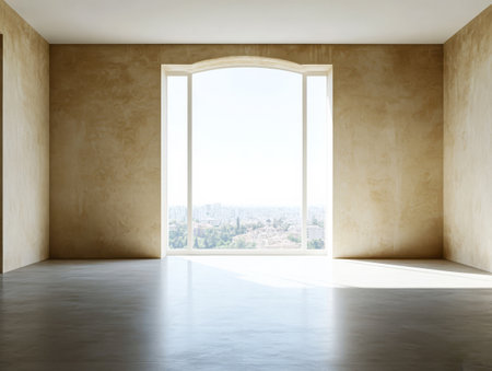 A spacious and bright room features a large arched window allowing natural light to flood in, revealing a distant cityscape under a clear sky. The minimalist design emphasizes tranquility.の素材