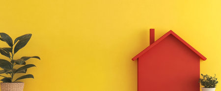 A vibrant yellow wall serves as the backdrop for a red house-shaped decor element. Two potted plants add greenery, creating a cheerful and inviting indoor atmosphere.の素材