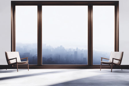 Two stylish chairs are arranged in front of a large window providing a view of a misty city skyline. The soft light filters through, creating a calm atmosphere in the interior space.の素材