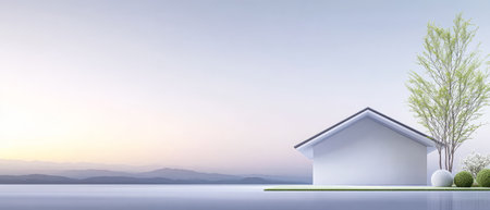 A minimalist white house stands beside calm water, reflecting gentle morning light. Lush greenery and small bushes enhance the serene landscape with distant mountains adding depth.の素材