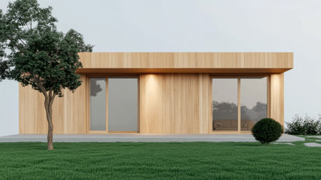 A contemporary wooden house features expansive windows surrounded by lush green grass and a simple landscape. The structure showcases a minimalist style against a bright sky.の素材