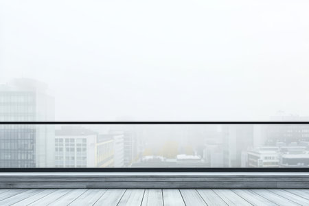 A sleek balcony features a wooden floor and glass railing, providing a view of a fog-covered city. The muted colors and misty atmosphere evoke a serene and calm ambiance.の素材