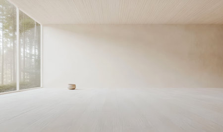 A spacious, minimalistic room with a large window allowing natural light to flood in, showcasing a simple pot on the floor. The surroundings are clean and uncluttered, creating a serene atmosphere.の素材