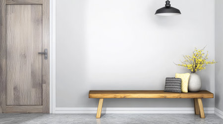 A minimalistic wooden bench sits against a light gray wall, accentuated by a stylish lamp overhead. Soft pillows and a vibrant flower arrangement add warmth to the calm atmosphere.の素材