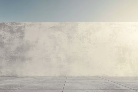 A vast, unadorned concrete wall stands against a clear blue sky, illuminating the simplicity of the surrounding space with sunlight. The ground is smooth and devoid of any objects.の素材
