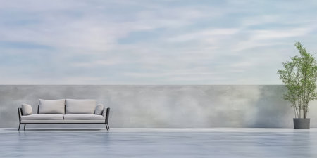 A modern indoor setting features a sleek sofa positioned against a light-colored wall. A potted plant stands nearby, adding a touch of greenery. The space exudes tranquility and simplicity.の素材