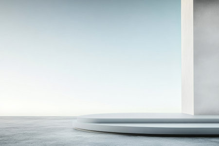 A circular platform appears at the center of a minimalist room. The soft, light-colored walls create an inviting atmosphere suitable for various events and presentations.の素材