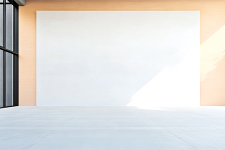 A minimalist interior features a large blank wall and ample natural light. The open space highlights the clean lines and simplicity, making it ideal for various decor styles.の素材