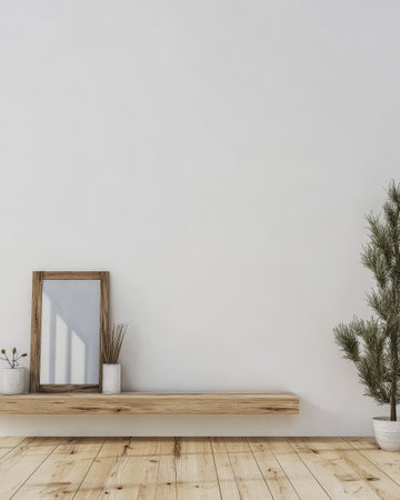 A minimalist room showcases a wooden shelf against a clean wall. Potted plants and a picture frame enhance the serene ambiance, creating a calming atmosphere perfect for relaxation.の素材