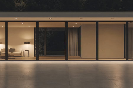 A modern home is illuminated at night, highlighting a stylish indoor living area. Glass walls reveal a cozy sofa and elegant lighting, creating a warm atmosphere against the dark exterior.の素材