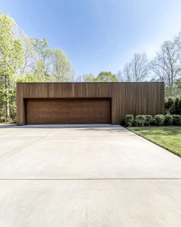 A contemporary garage constructed from wooden materials stands prominently in a peaceful suburban setting.の素材