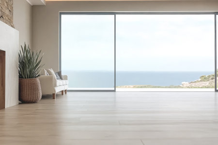 A spacious living room features a large glass window overlooking the ocean. The minimalist design includes a comfortable sofa, potted plants, and wooden flooring, creating a serene atmosphere.の素材