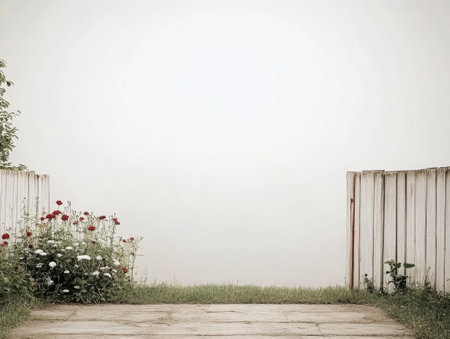 A calm garden scene features a pathway leading to a foggy expanse. Colorful flowers bloom beside a white wooden fence, creating a tranquil atmosphere during the early morning.の素材
