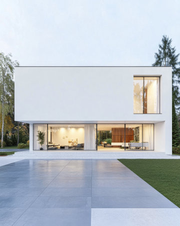 Modern house features sleek architecture with large glass windows, a spacious patio, and a well-maintained garden under twilight skies. Natural light floods the interior, creating a warm ambiance.の素材