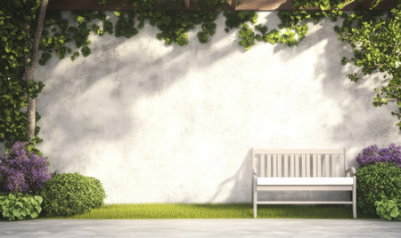 A peaceful garden space features a simple white bench against a textured wall adorned with ivy and colorful flowers. Soft afternoon light enhances the serene atmosphere, inviting relaxation.の素材