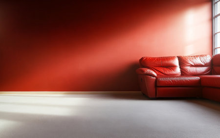 A vibrant red wall sets the backdrop for a contemporary leather sofa in a spacious living area. Soft carpet covers the floor, creating a warm and inviting atmosphere.の素材