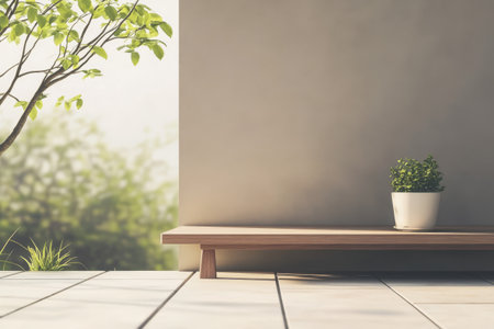 A serene outdoor area features a wooden bench placed against a wall, adorned with a lush green potted plant. Soft morning light enhances the tranquil atmosphere and fresh greenery.の素材