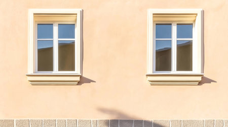 Two symmetrical windows with white frames are set in a light-colored wall. The soft afternoon sunlight casts gentle shadows, enhancing the serene atmosphere of the building.の素材