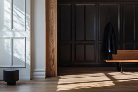 Sunlight streams through a spacious hallway, highlighting a sleek wooden bench and a stylish coat hanging on the wall. The dark paneling contrasts beautifully with the bright floor.の素材