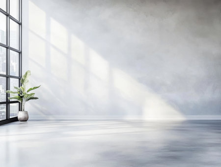 Sunlight streams through large windows, illuminating the minimalist interior space. A potted plant adds a touch of greenery to the clean and open area, set in an urban location.の素材