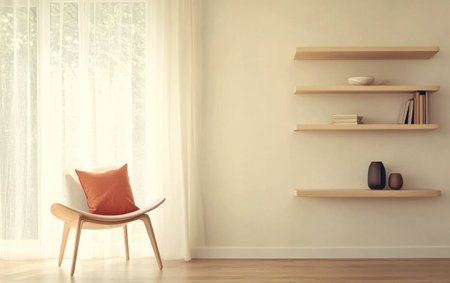 A bright and airy living room features a stylish wooden chair with a soft orange cushion. Shelves on the wall display few decorative items, enhancing the minimalist aesthetic.の素材