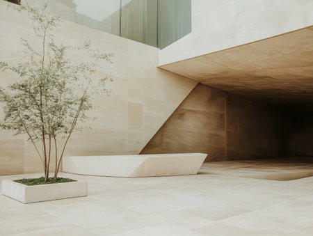 A tranquil, modern space showcases a minimalist sculpture alongside a slender tree. Smooth surfaces and sharp angles create a harmonious blend, emphasizing contemporary urban design.の素材