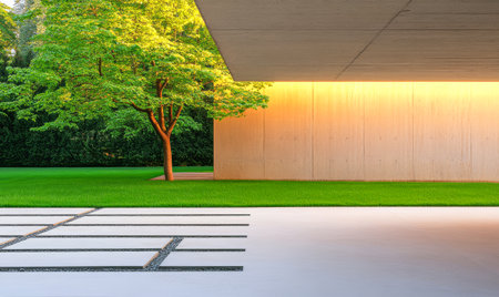 A minimalist architectural design blends seamlessly with vibrant green grass and trees. The warm glow of the setting sun creates a tranquil atmosphere, enhancing the beauty of the outdoor setting.の素材