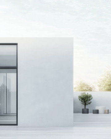 A clean, minimalist architectural design captures an airy outdoor area featuring a simple tree and planters. Soft sunlight enhances the tranquil ambiance, perfect for relaxation.の素材